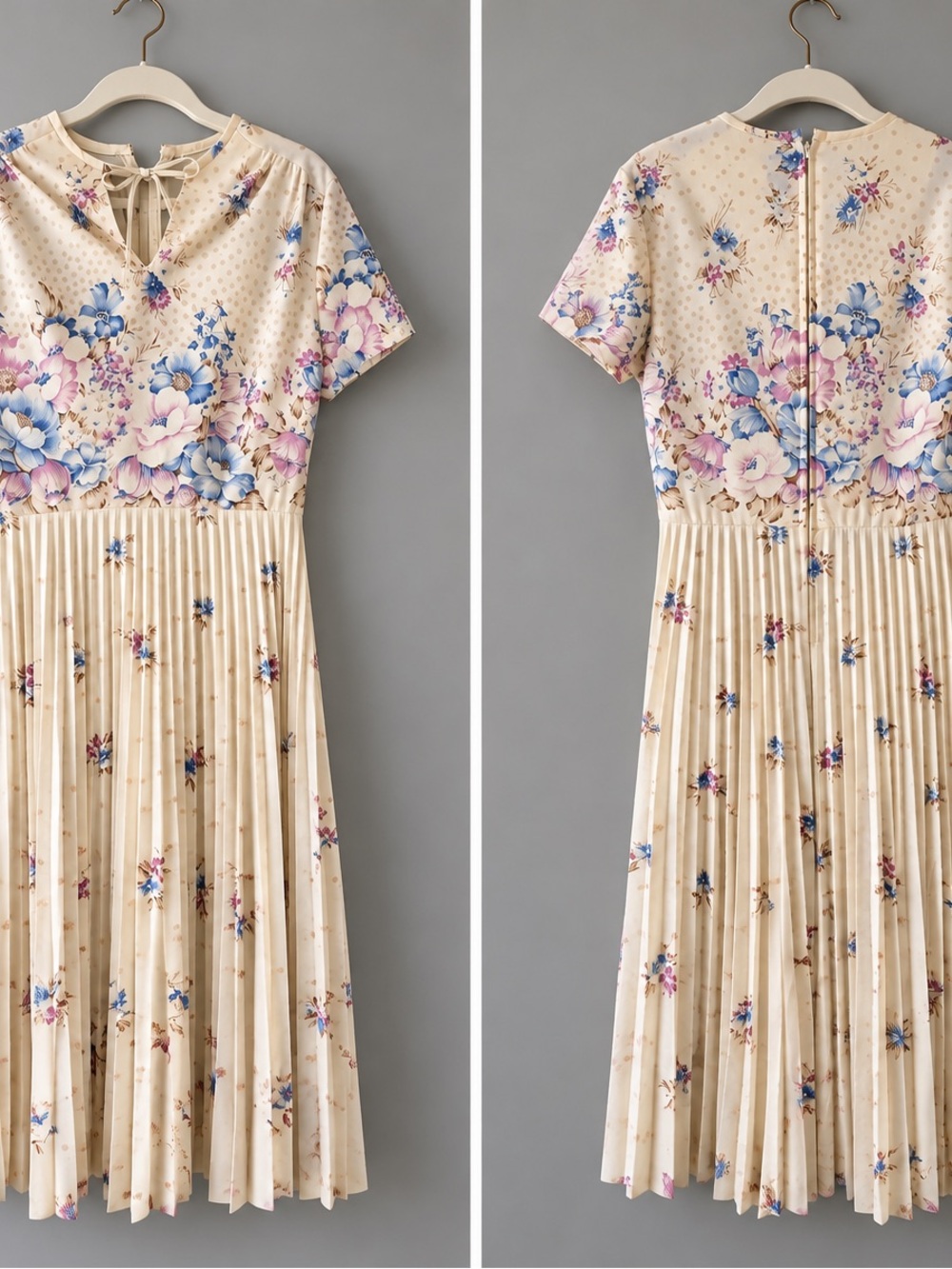 Vintage Janine Floral Pleated Midi Dress Cream Blue Pink